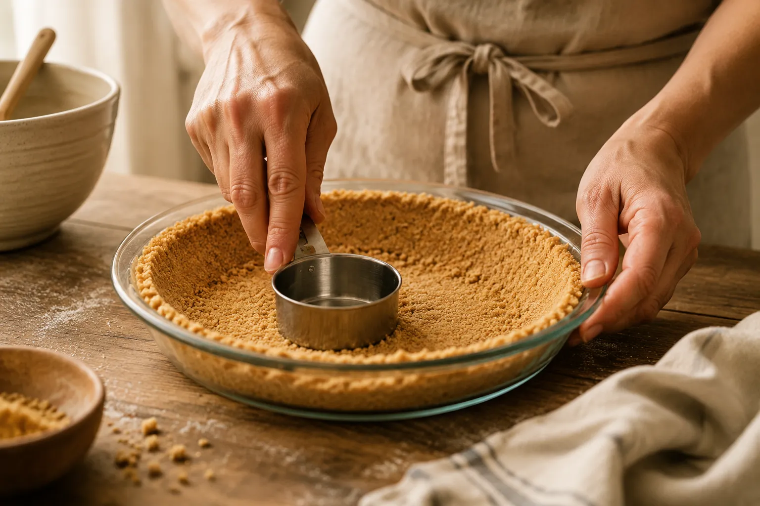 Pressing graham cracker crust into pie dish for key lime pie recipe