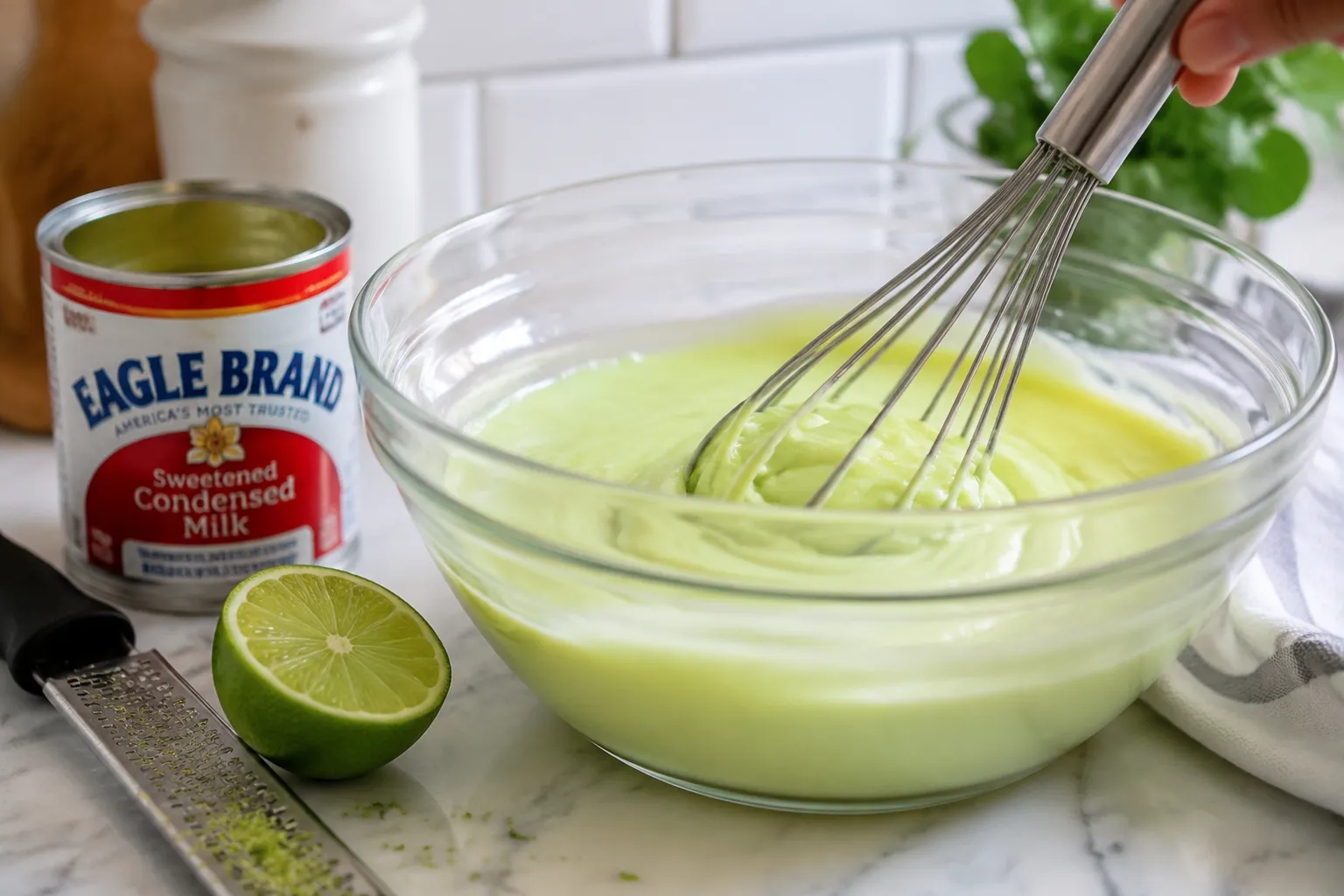 Whisking key lime pie filling with sweetened condensed milk and egg yolks