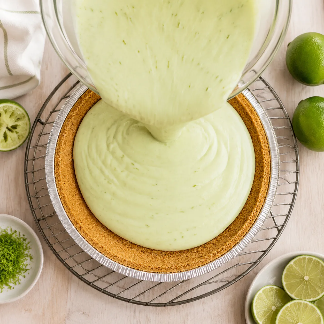 Pouring key lime filling into graham cracker crust