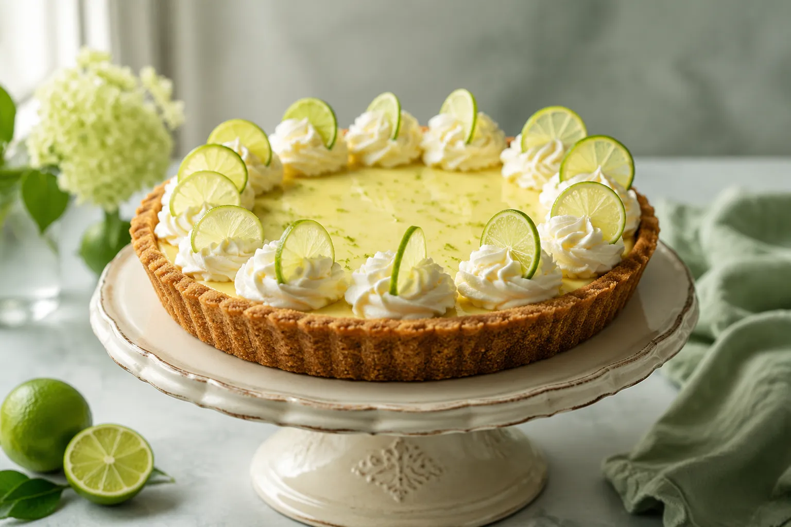 Whole homemade key lime pie with whipped cream rosettes