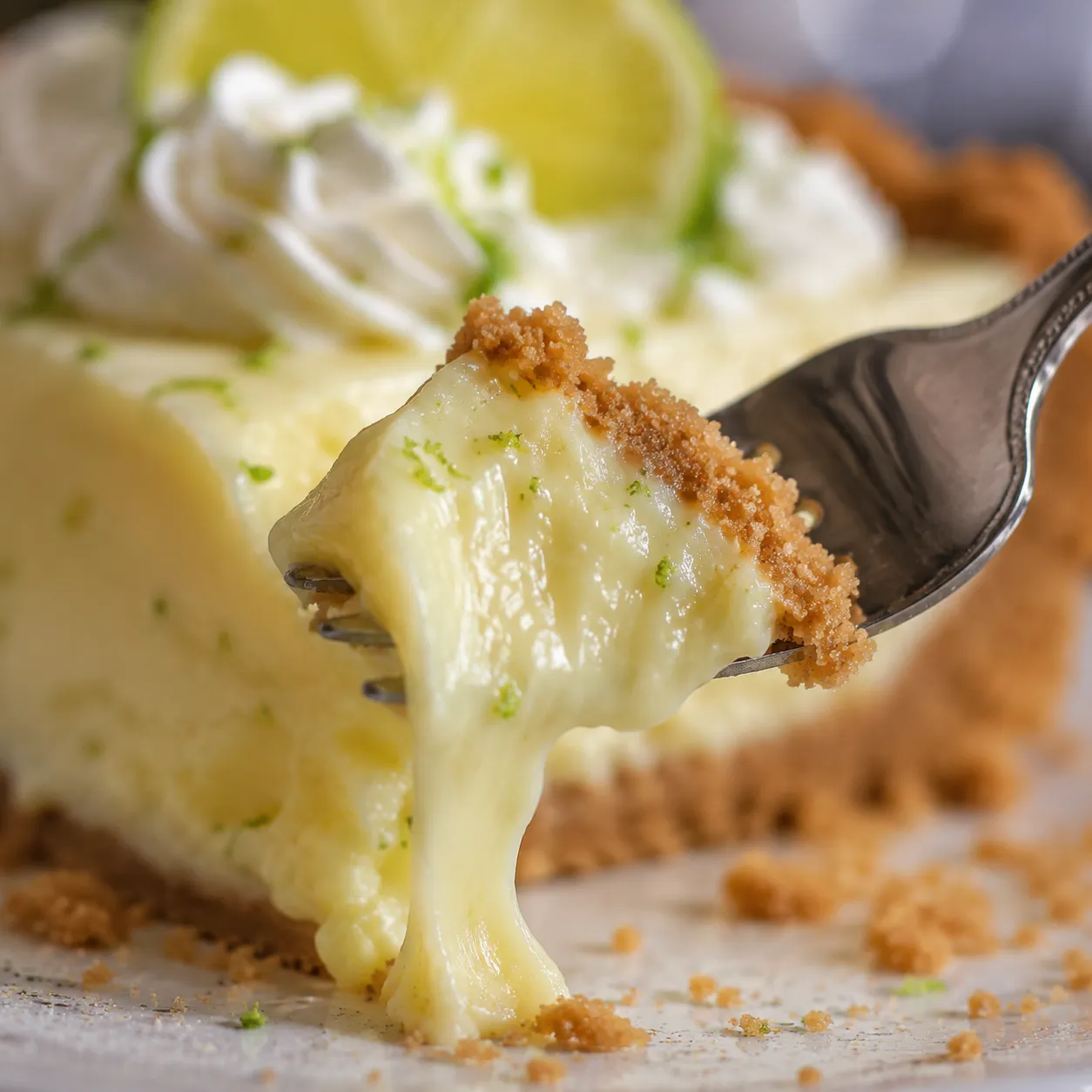 Macro close-up of silky key lime pie filling on a fork