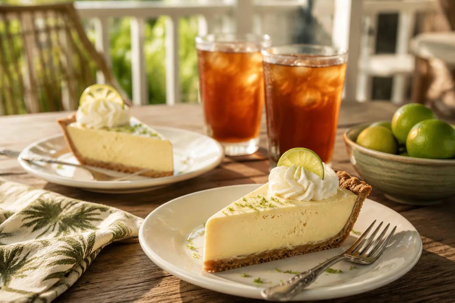Two slices of key lime pie served with iced tea