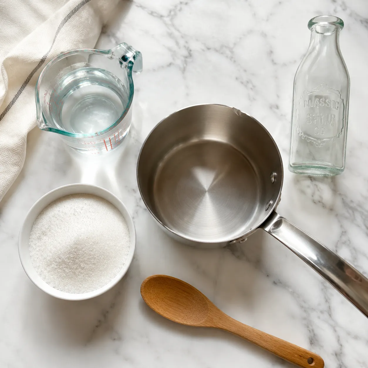 Simple syrup recipe ingredients flatlay with sugar, water, and saucepan