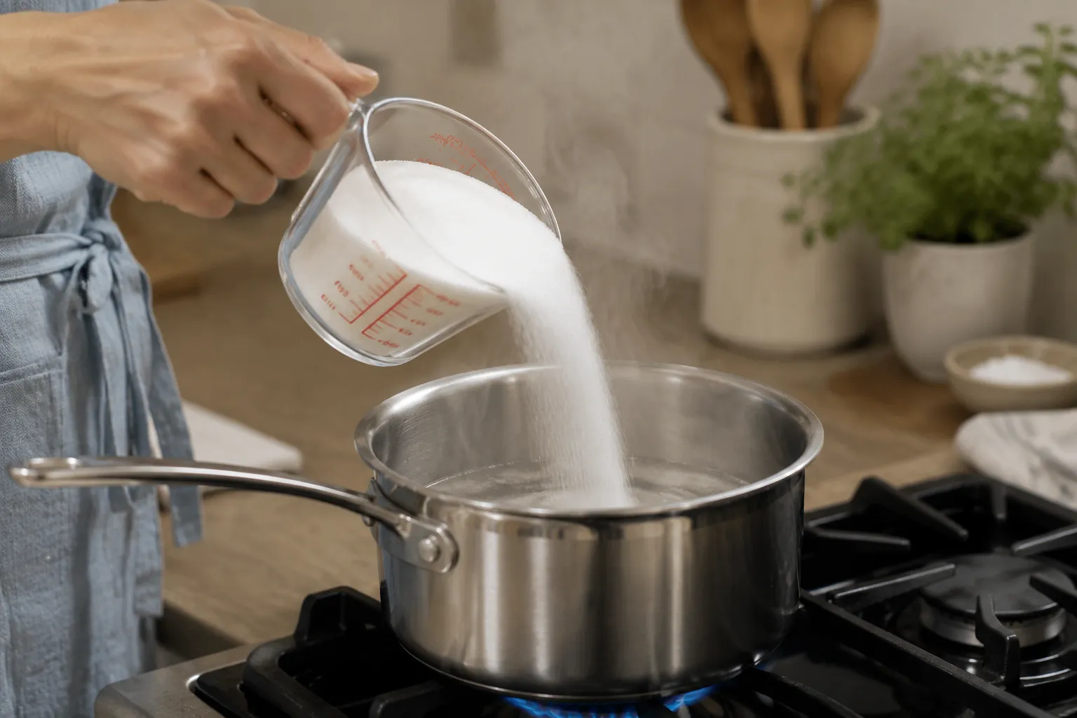 Pouring sugar into water in a saucepan to make simple syrup