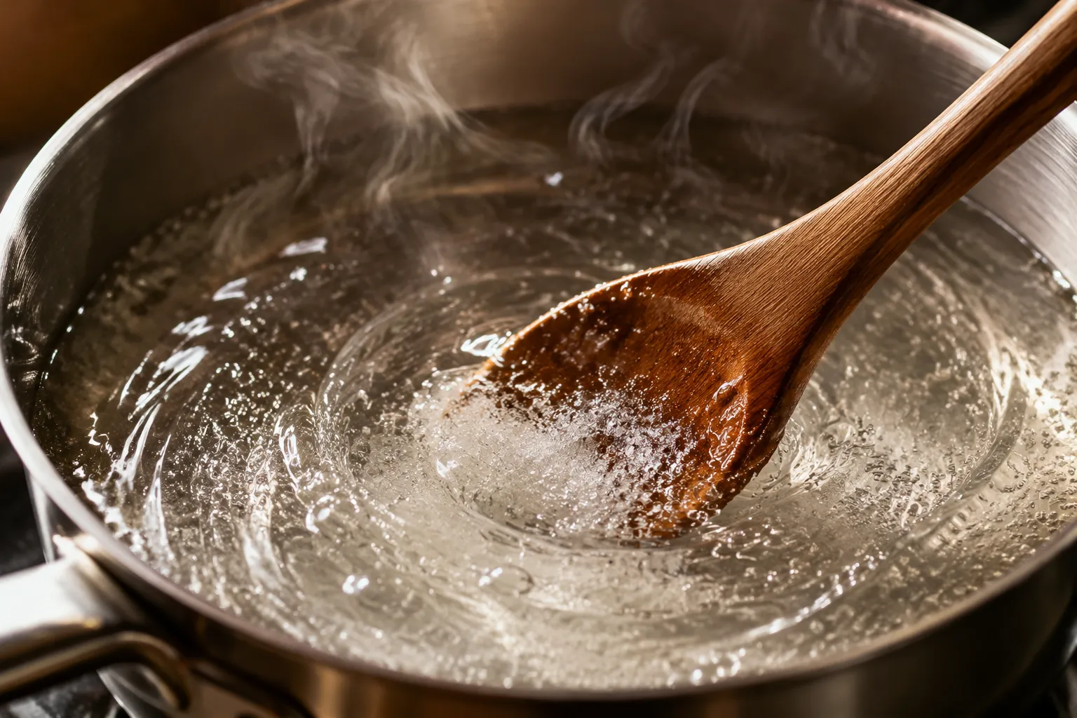 Stirring sugar into hot water until dissolved for simple syrup