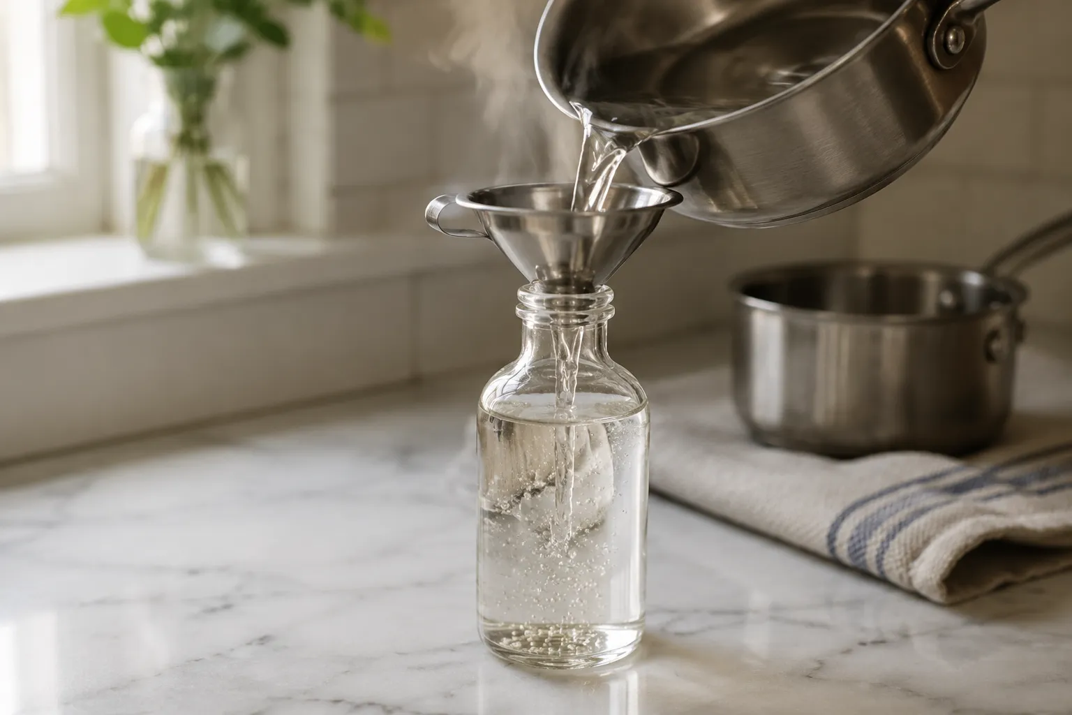 Pouring homemade simple syrup into a glass bottle through a funnel