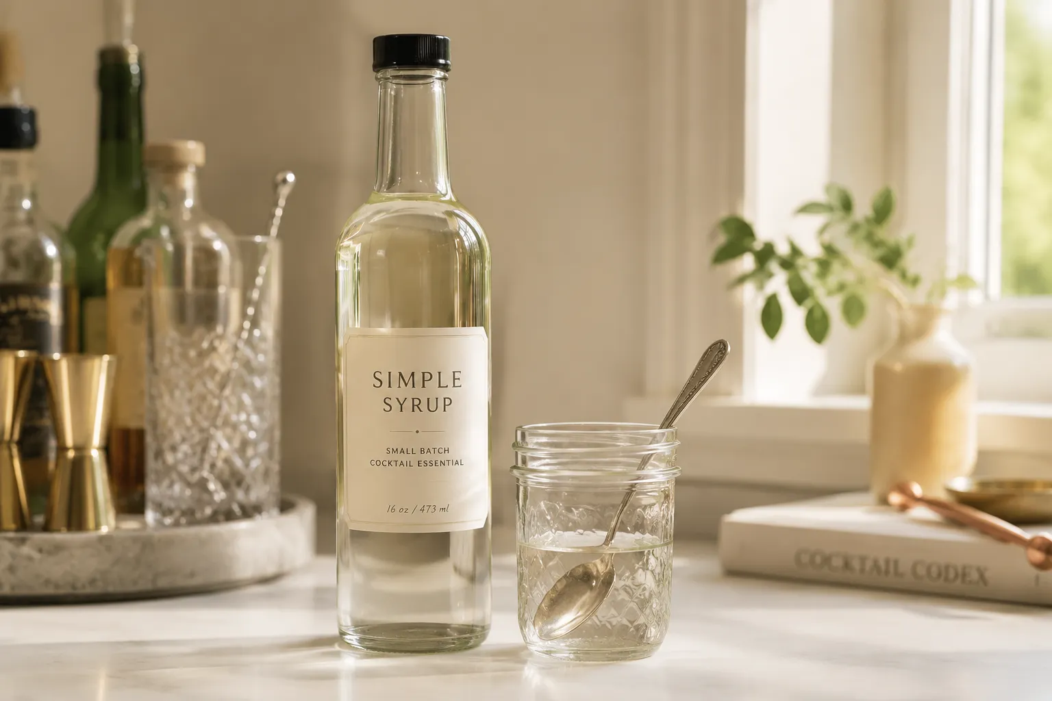 Finished homemade simple syrup recipe in a clear glass bottle