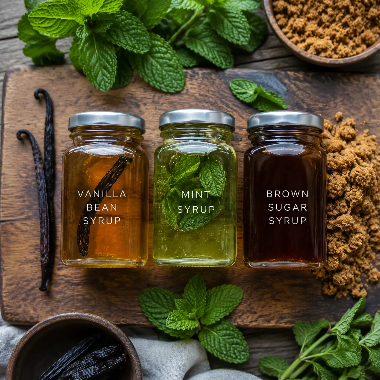 Vanilla, mint, and brown sugar simple syrup recipe variations in jars