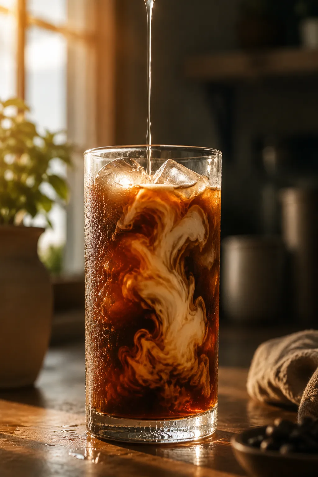 Adding simple syrup to iced coffee for a sweetened homemade drink