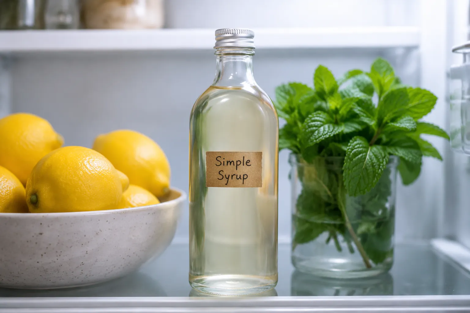Storing homemade simple syrup in a labeled bottle in the refrigerator