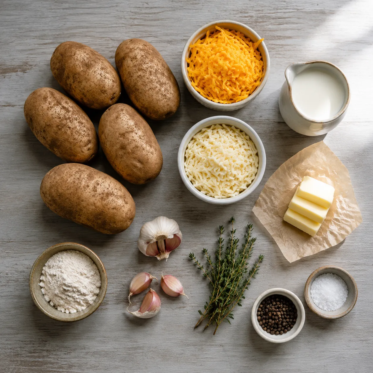 Au gratin potatoes ingredients flatlay with russets, cream, cheddar and Gruyere