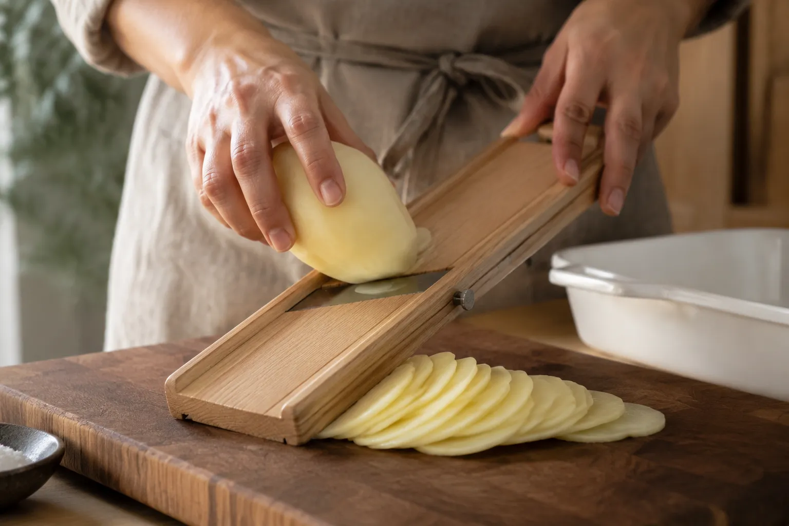 Slicing russet potatoes thin on a mandoline for potatoes au gratin