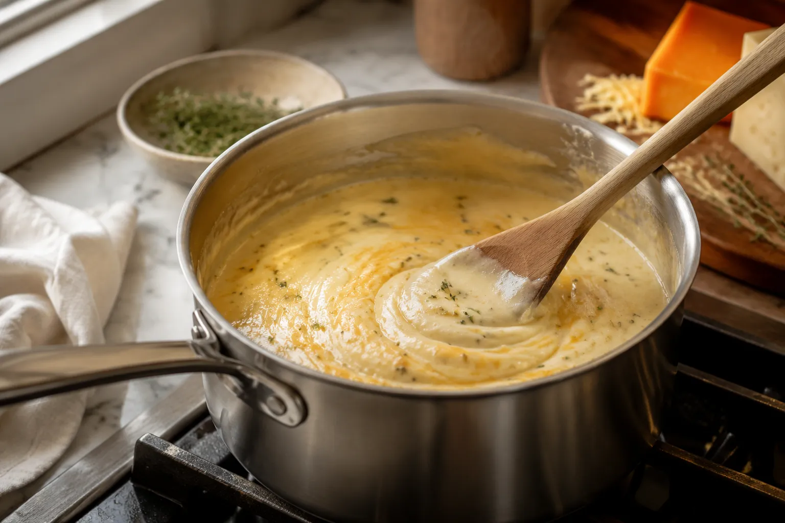 Creamy cheese sauce for au gratin potato recipe being whisked in a saucepan