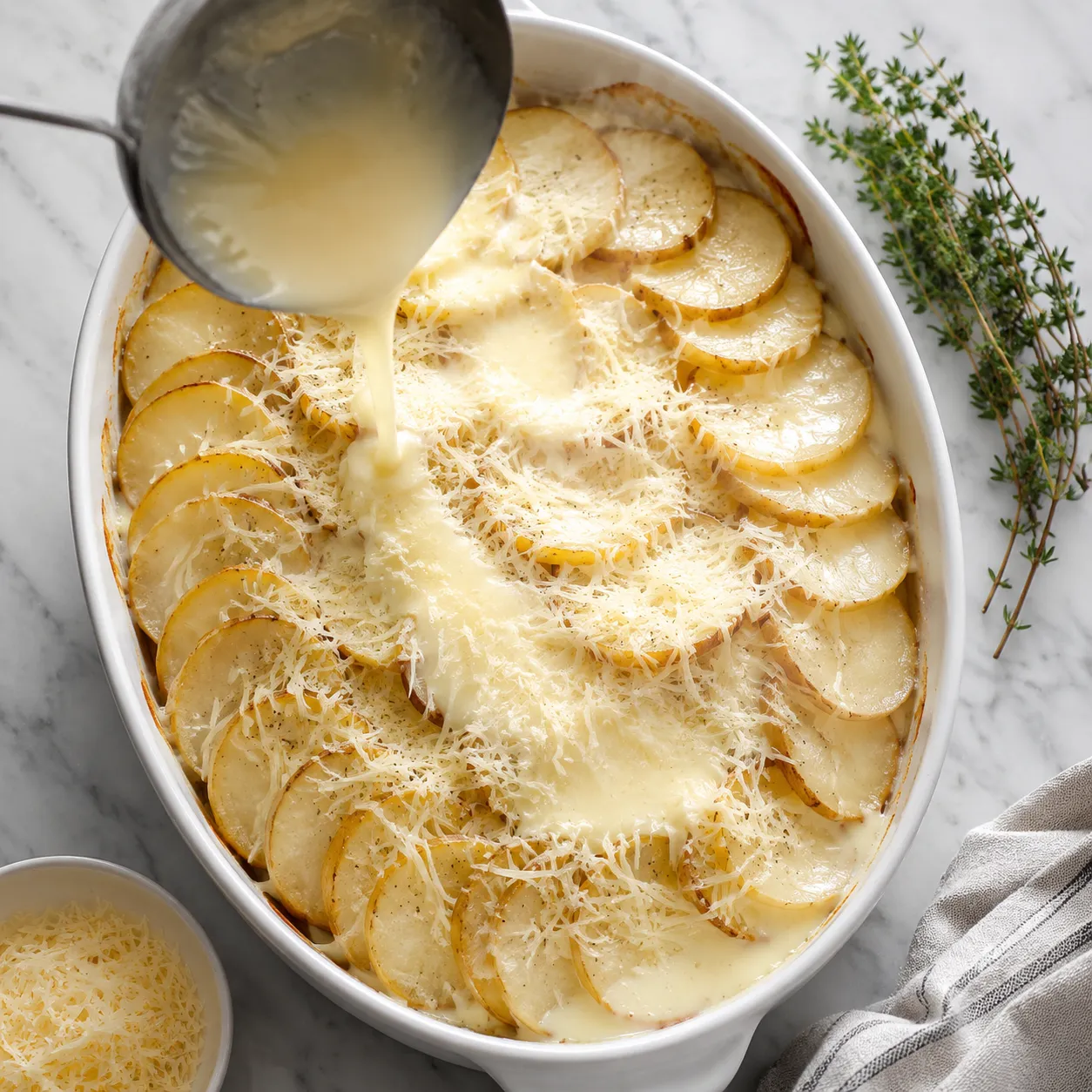 Layering au gratin potatoes with cream sauce in a baking dish