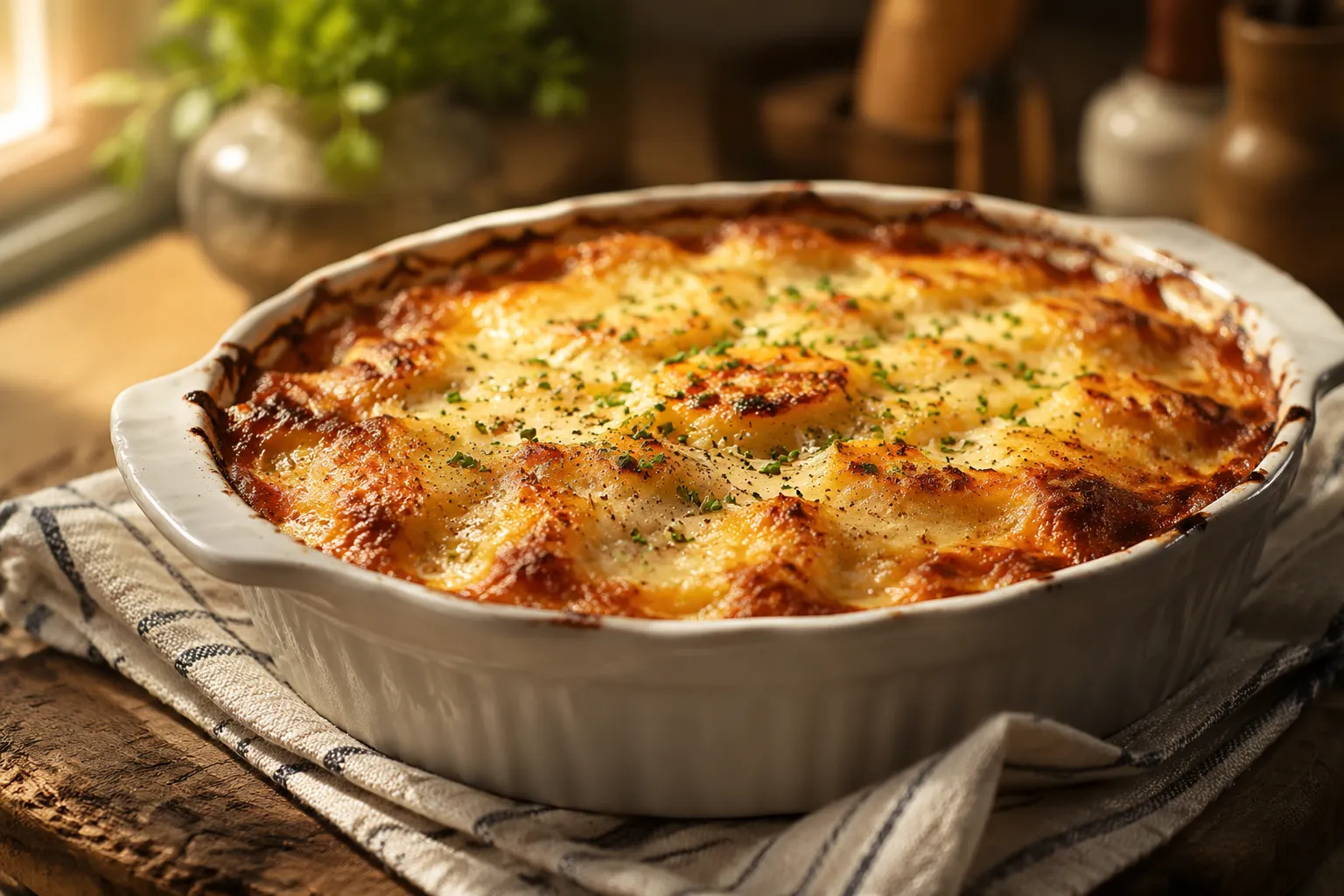 Finished au gratin potatoes with golden bubbly cheese crust on linen towel
