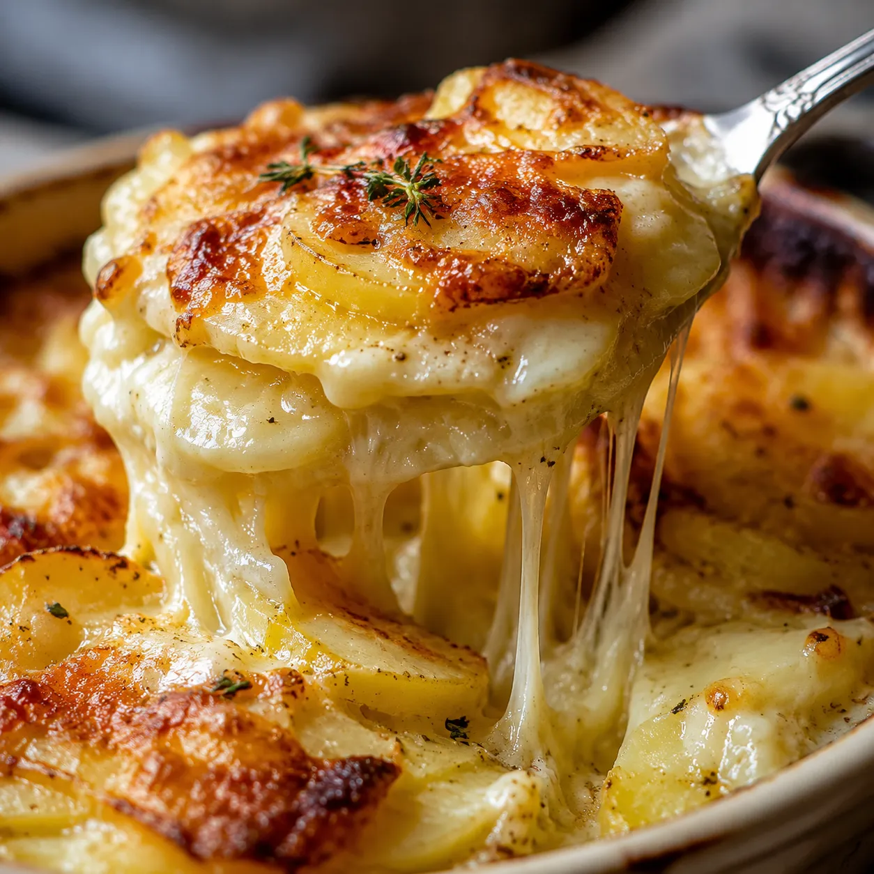 Cheese pull close-up of creamy au gratin potatoes on a spoon