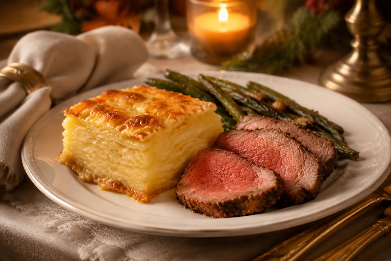 Au gratin potatoes served with roast beef on a holiday dinner plate