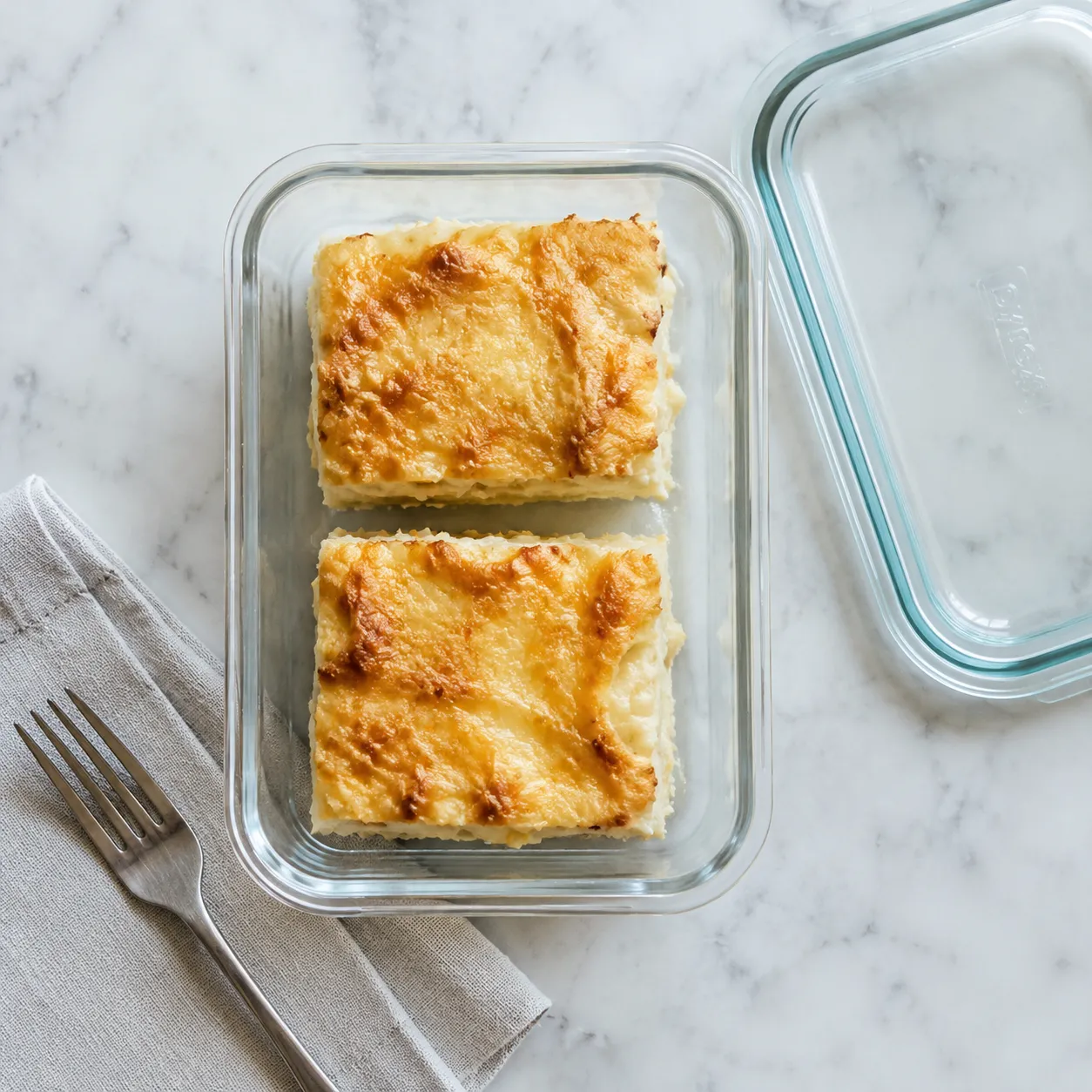 Storing leftover au gratin potatoes in a glass container for reheating