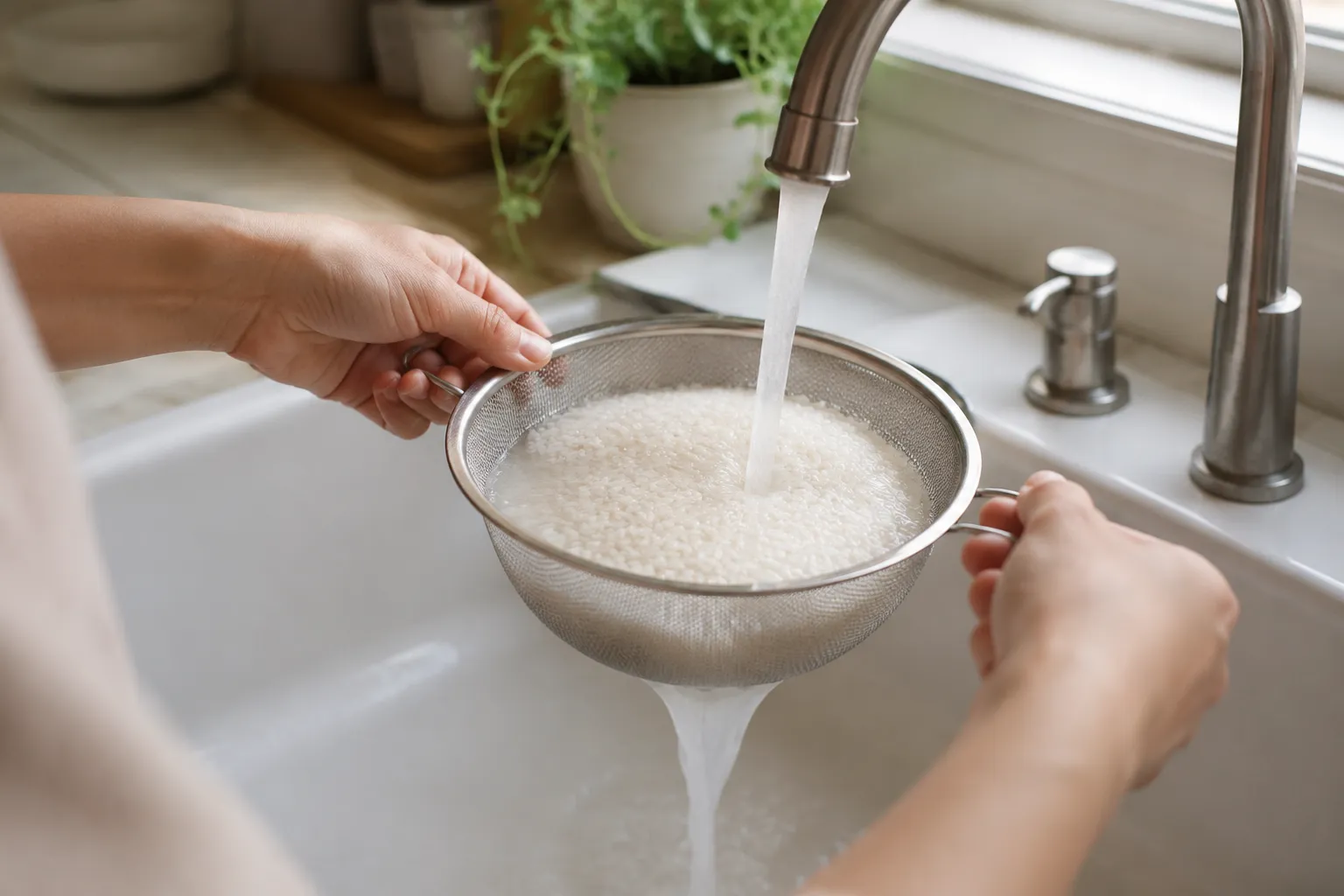 Rinsing rice before cooking in a fine mesh strainer