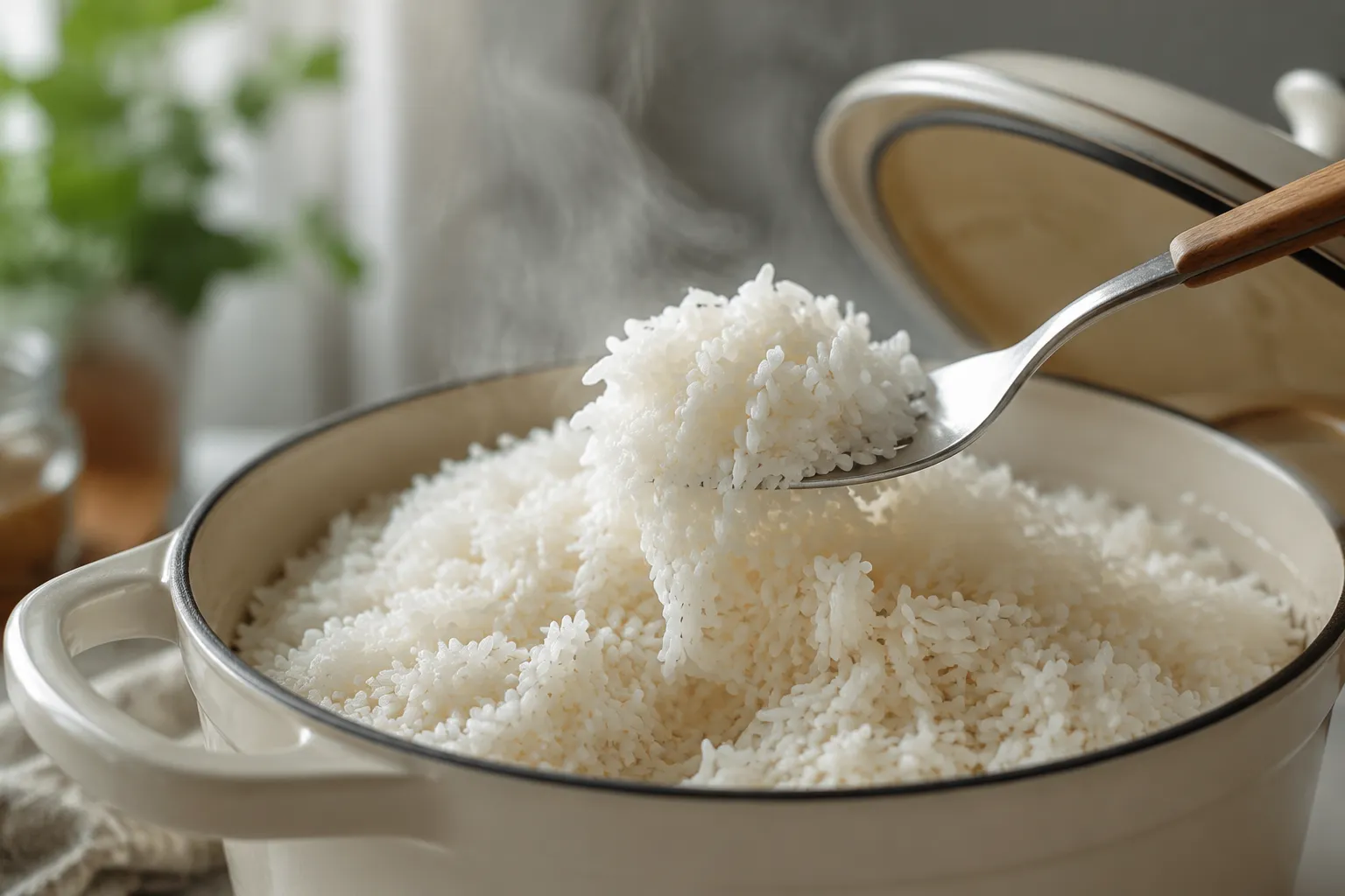 Fluffing cooked white rice with a fork