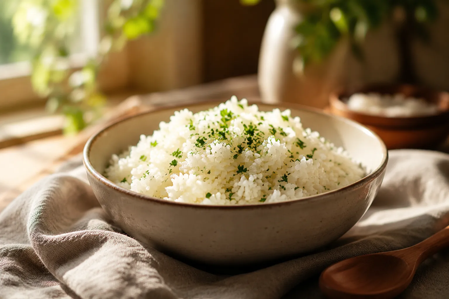 Finished fluffy white rice ready to serve