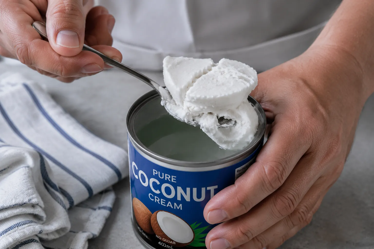Scooping solid coconut cream from a chilled can for whipped cream