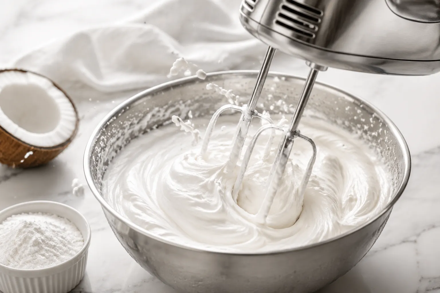 Whipping coconut cream into stiff peaks with a hand mixer