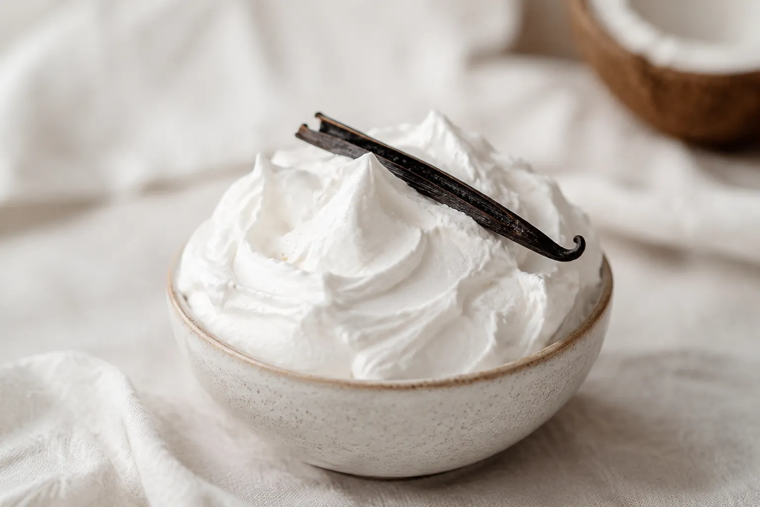 Bowl of fluffy coconut whipped cream with vanilla bean