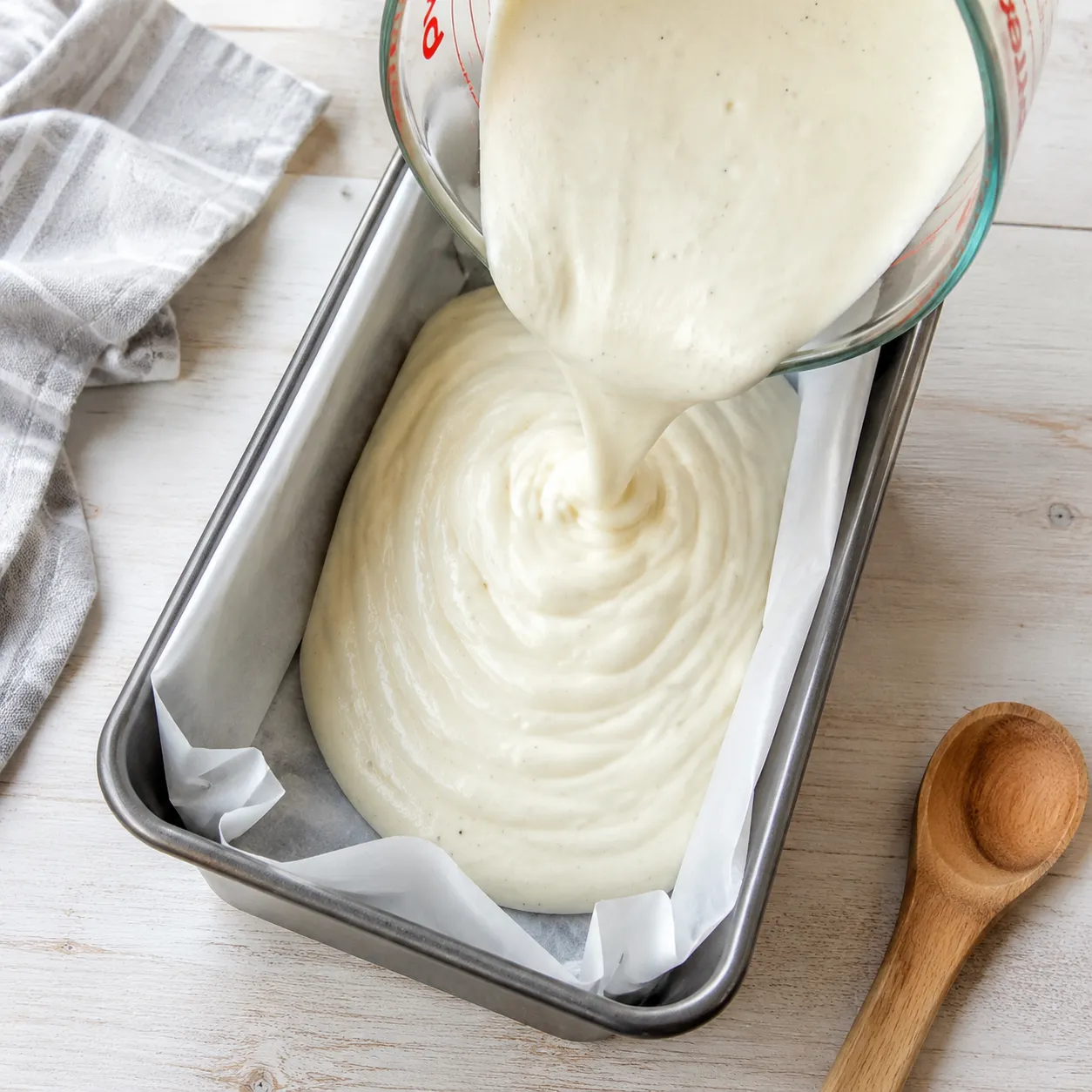 Pouring coconut cream ice cream base into a loaf pan