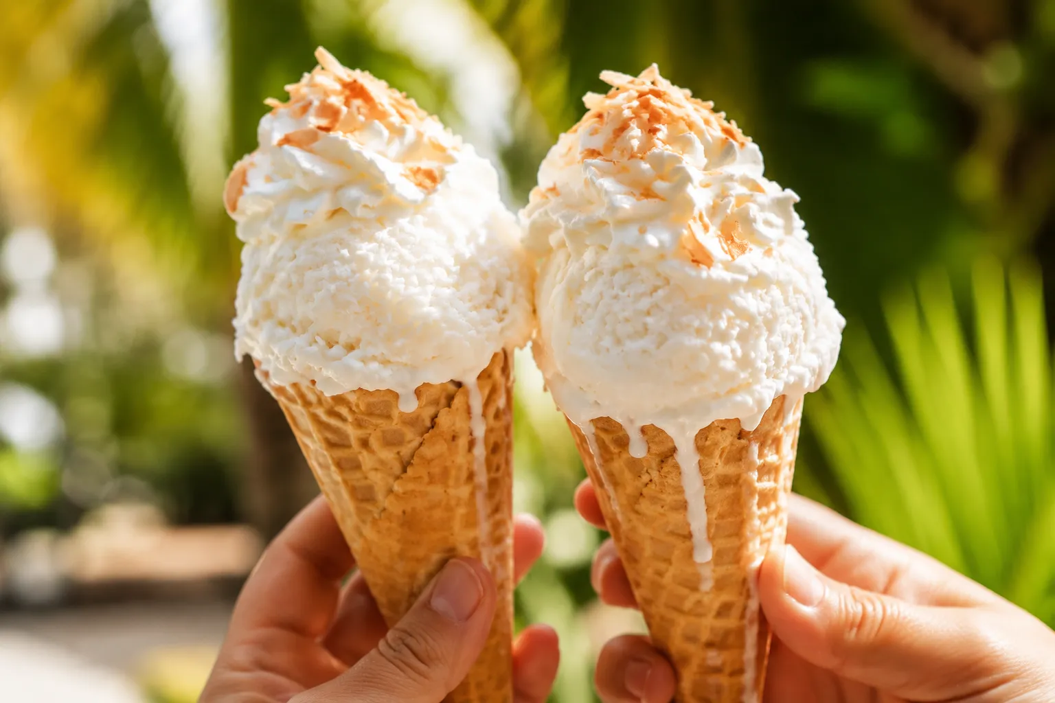 Coconut ice cream cones topped with whipped coconut cream