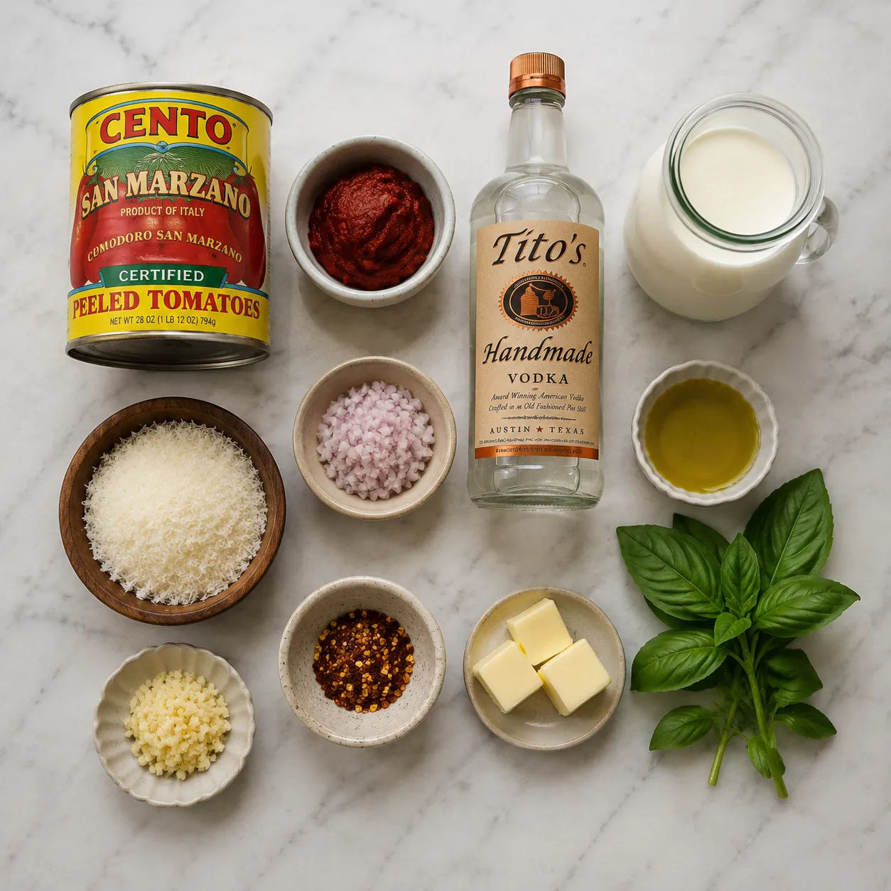 Ingredients for homemade vodka sauce laid out on a marble counter