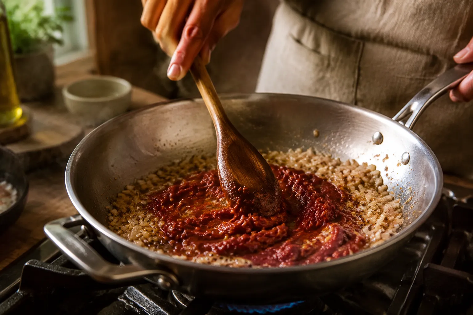 Blooming tomato paste with shallots and garlic for vodka sauce
