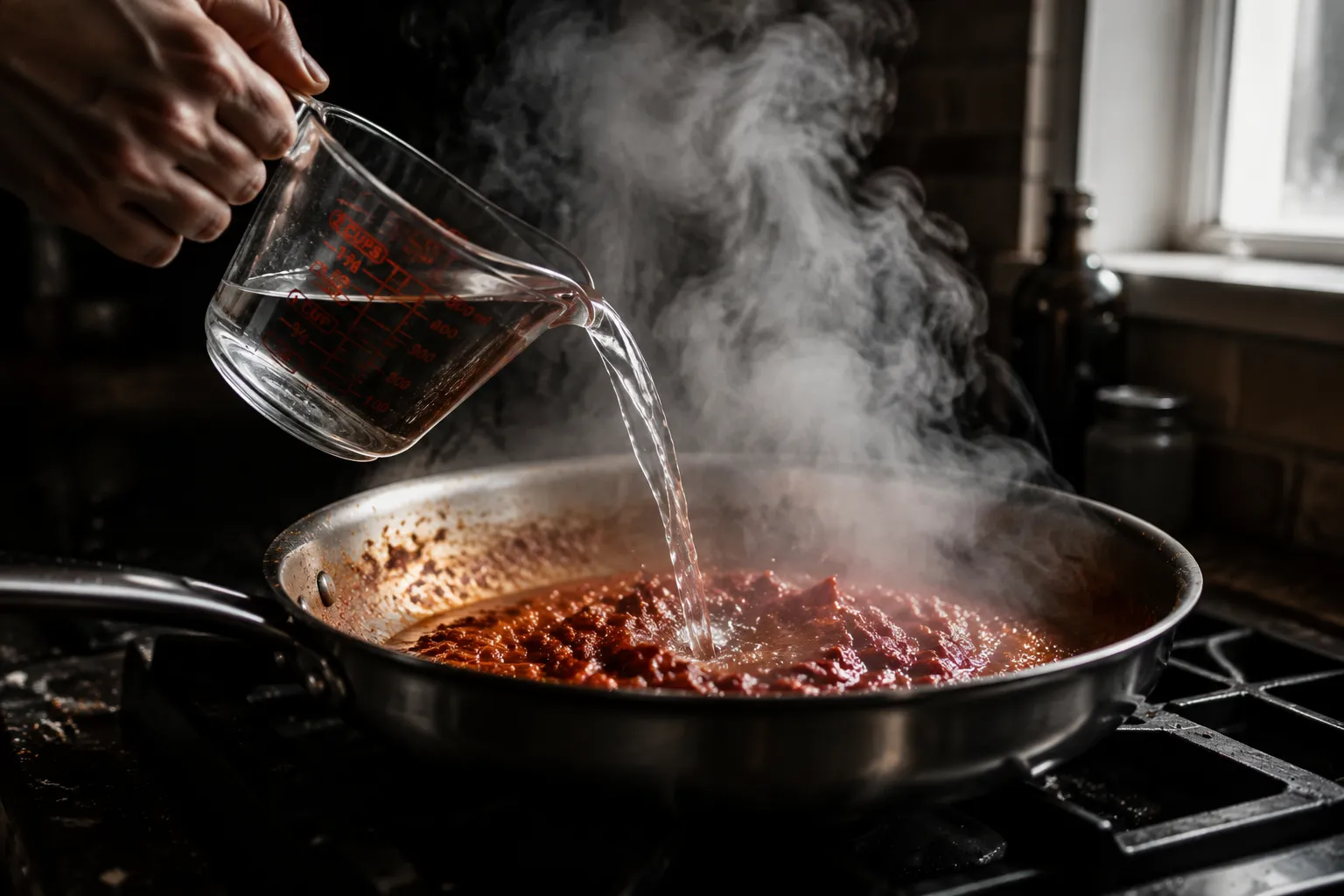 Pouring vodka into the skillet to deglaze for vodka sauce