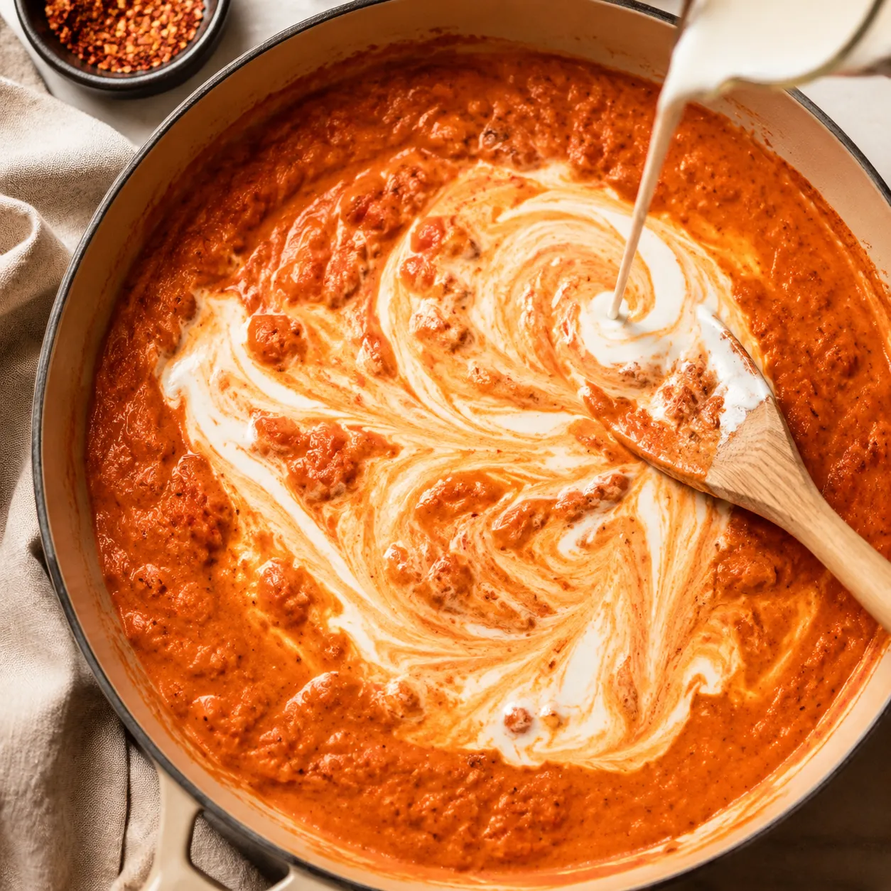 Stirring heavy cream into tomato base to make creamy vodka sauce