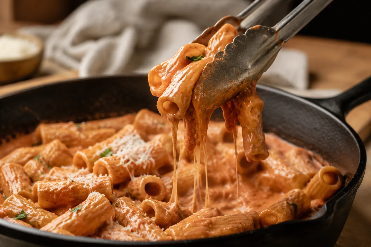 Tossing rigatoni in homemade vodka sauce with tongs