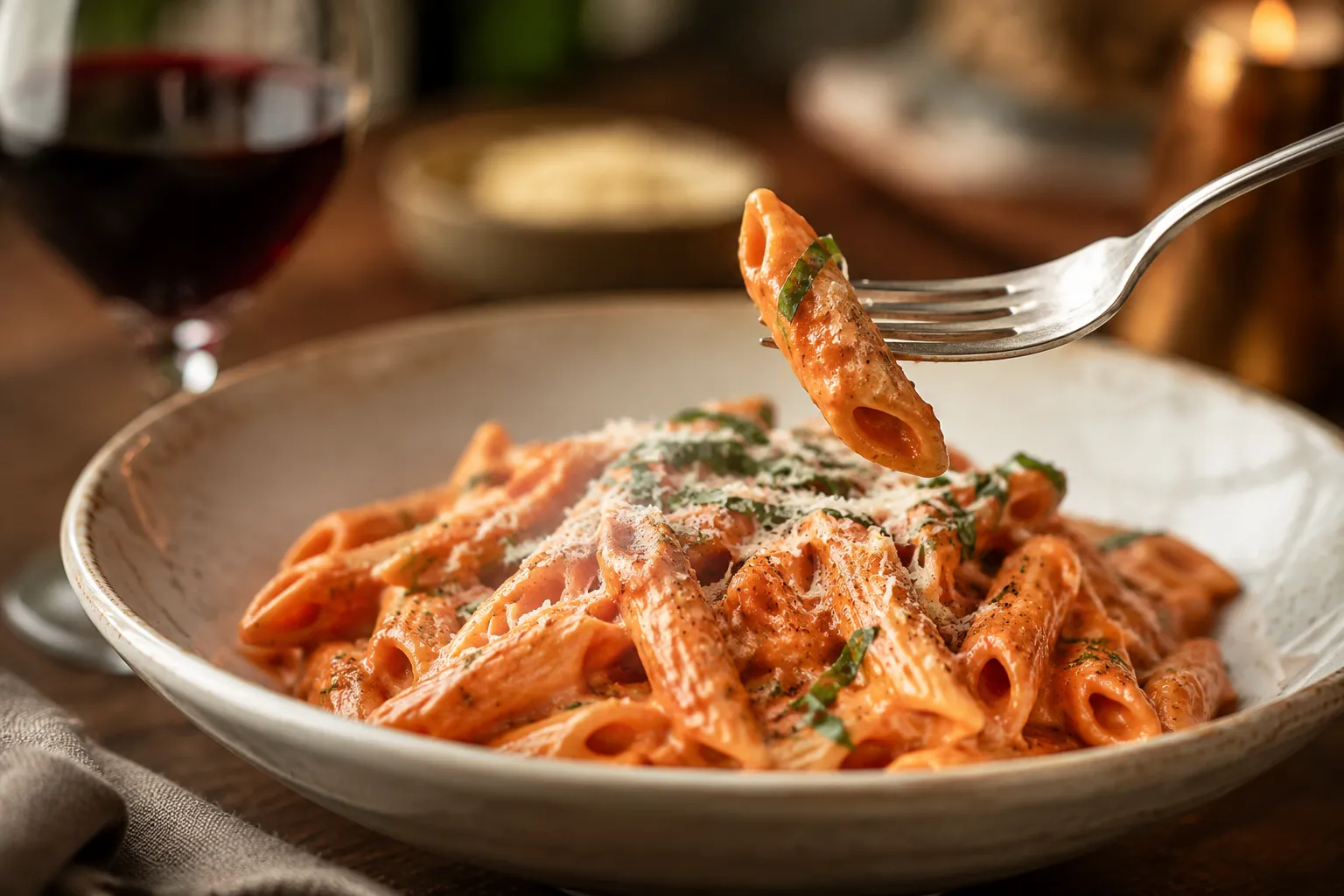 Penne alla vodka in a bowl with fork lifting a saucy bite