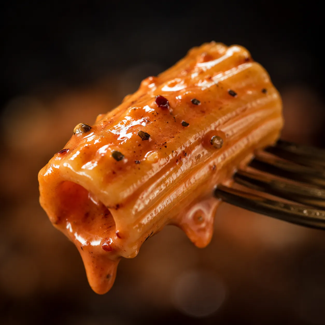 Close-up of silky vodka sauce coating a piece of rigatoni