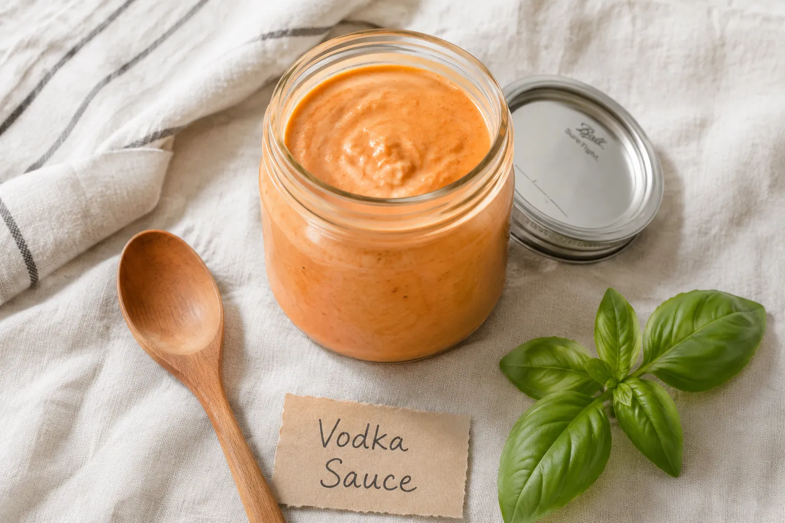 Homemade vodka sauce stored in a glass mason jar for the fridge