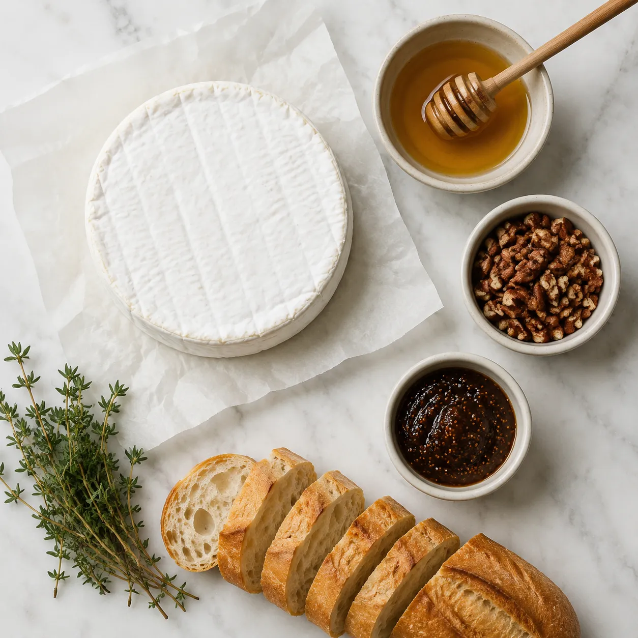 Brie cheese ingredients flatlay with honey, pecans, fig jam, and baguette