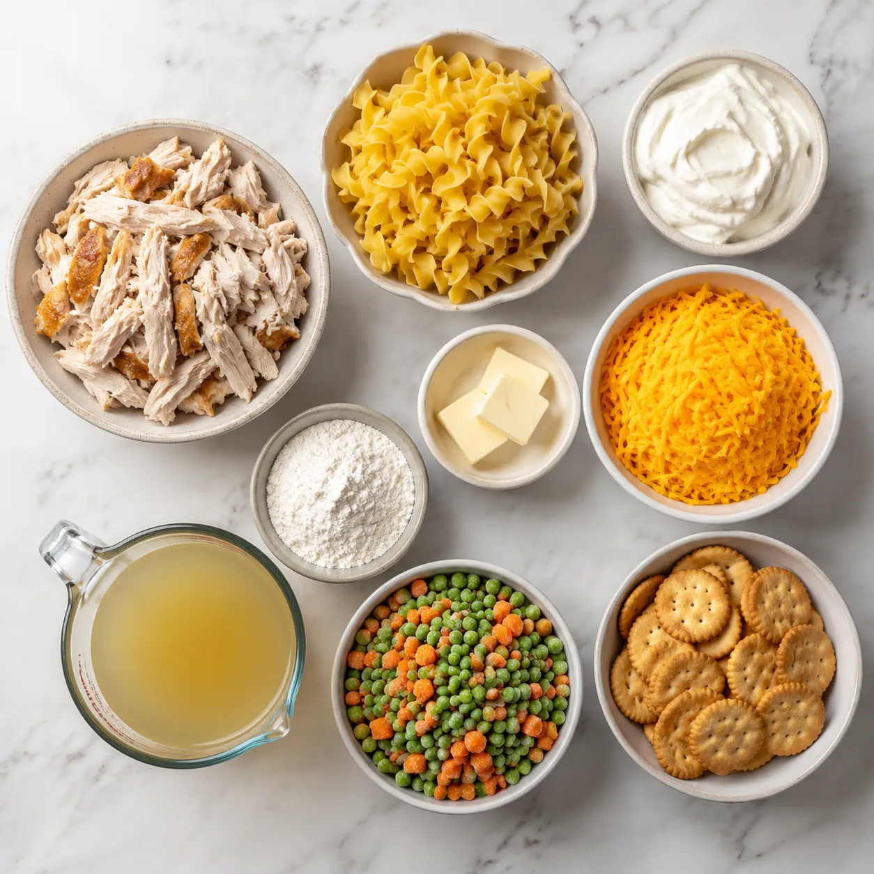 Ingredients for easy chicken casserole recipes laid out on a marble counter