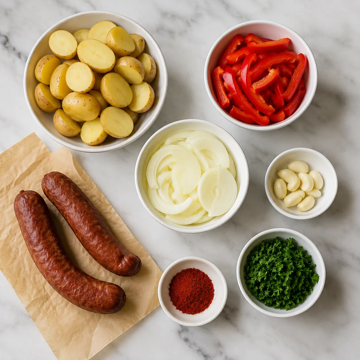 Smoked sausage recipe ingredients laid out on a marble counter
