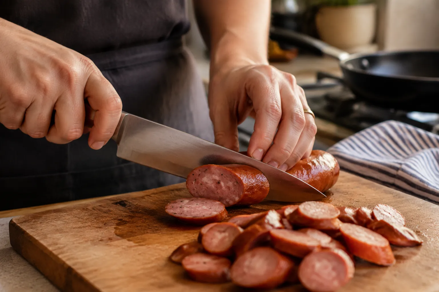 Slicing smoked sausage links on a bias on a wooden cutting board