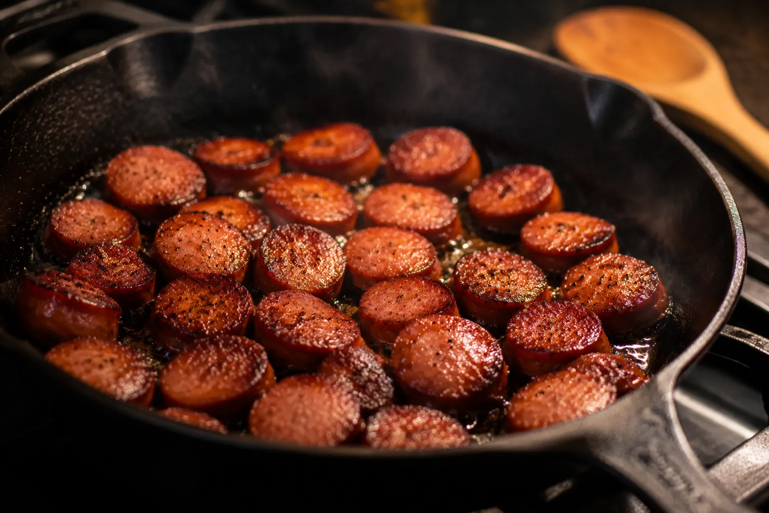 Smoked sausage coins searing in a cast iron skillet