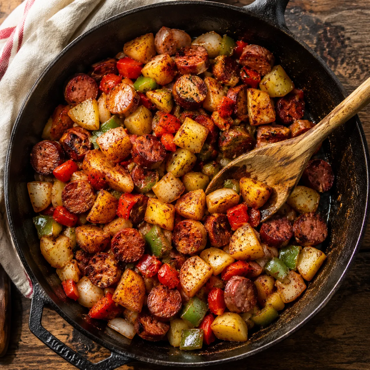 Smoked sausage skillet recipe being stirred with a wooden spoon