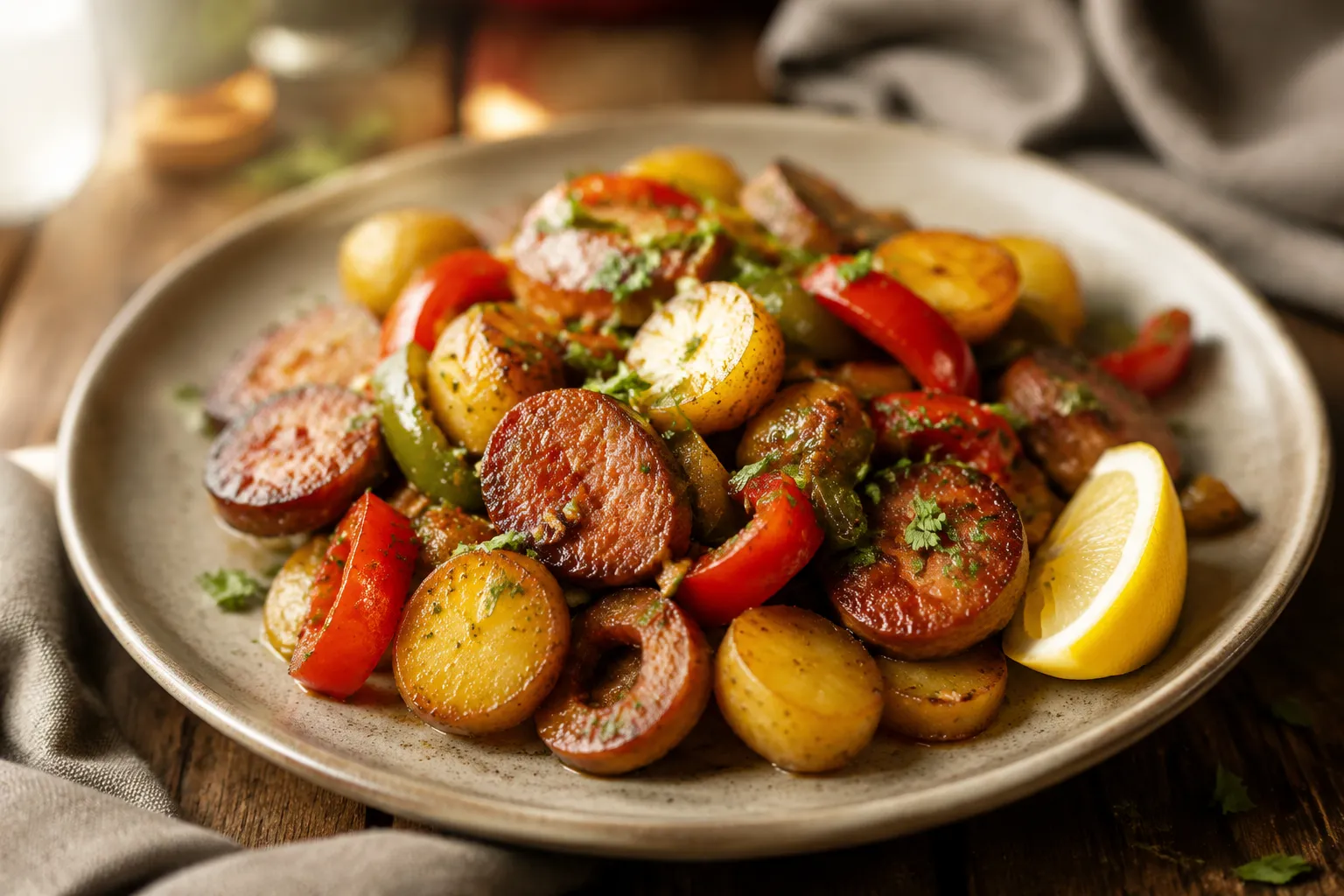 Plated smoked sausage recipe with potatoes, peppers, and parsley
