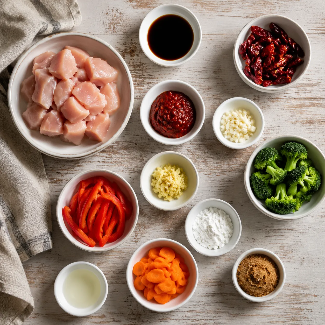 Hunan chicken ingredients flatlay with chicken, doubanjiang, dried chilies, and vegetables