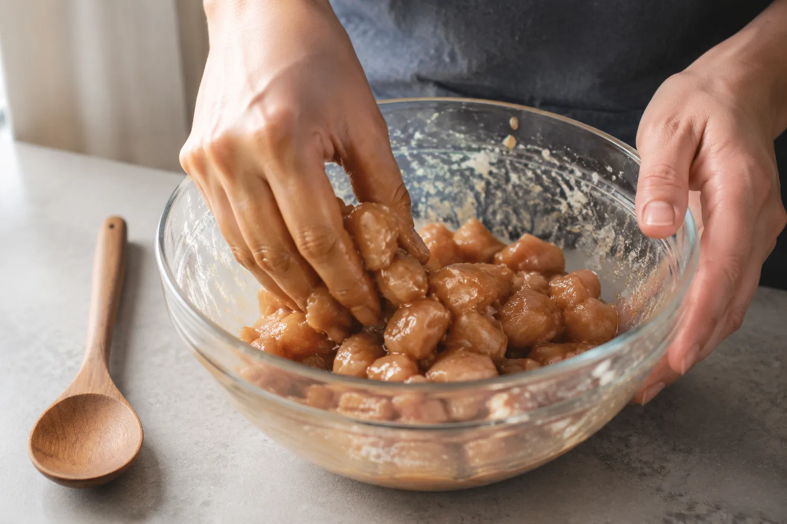 Marinating chicken with cornstarch and soy sauce for Hunan chicken