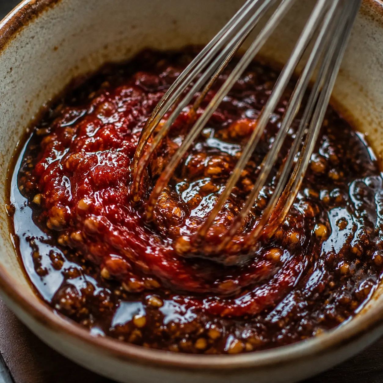 Homemade Hunan sauce being whisked with doubanjiang, soy sauce, and garlic