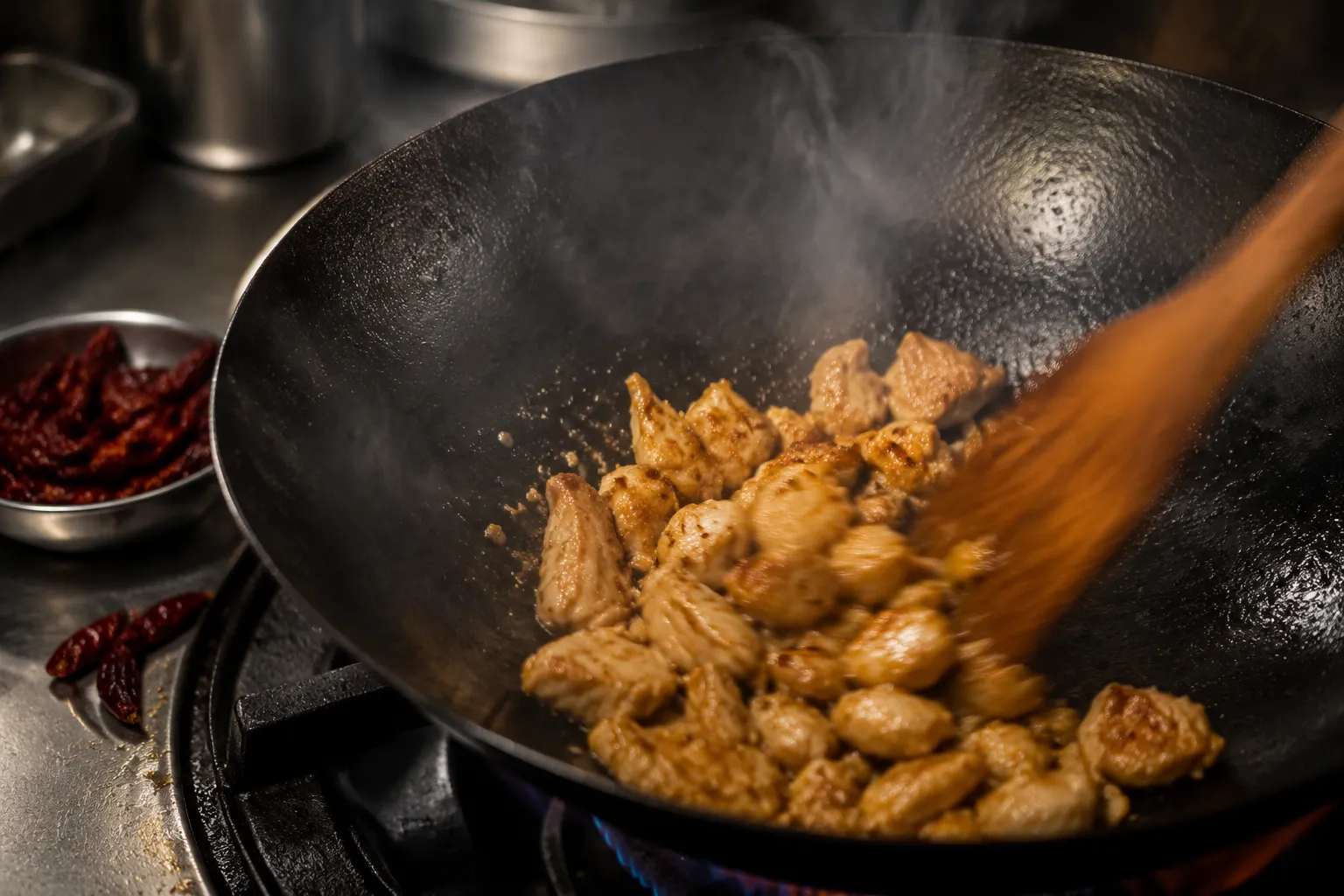 Searing chicken in a hot wok for Hunan chicken stir fry