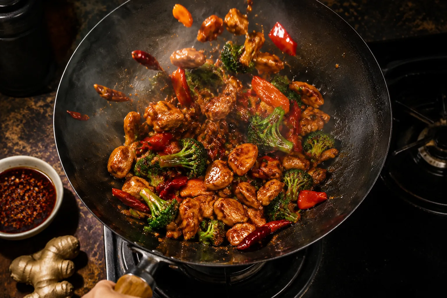 Hunan chicken stir fry tossing in the wok with Hunan sauce and vegetables